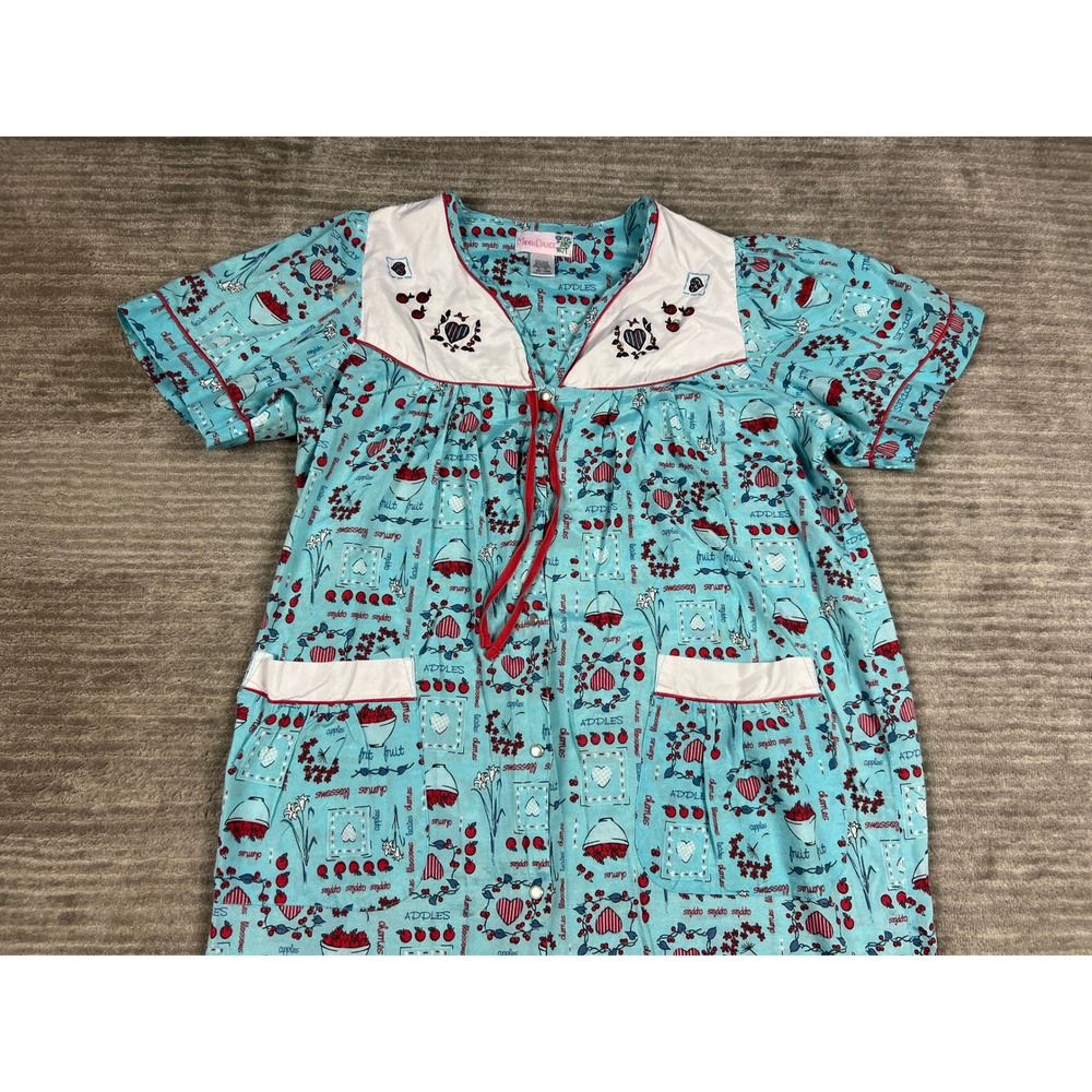 Moon Dance House Dress Women L Blue Fruit Hearts Snap Front Vintage Duster 93124 - Picture 2 of 13
